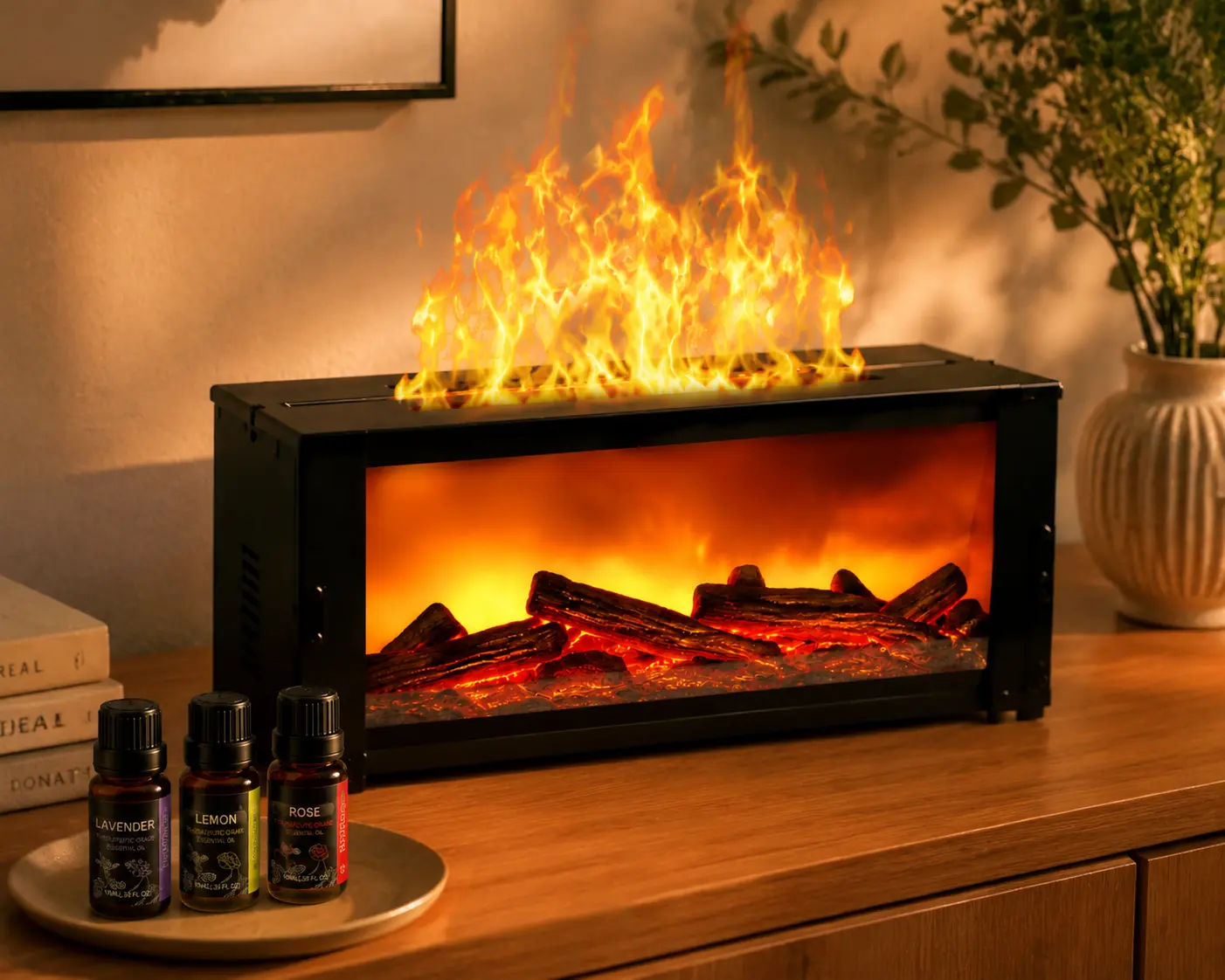 Portable Electric Fireplace with Aromatherapy Diffuser, Realistic LED Flame Effect, Cozy Home Decor for Bedroom & Living Room