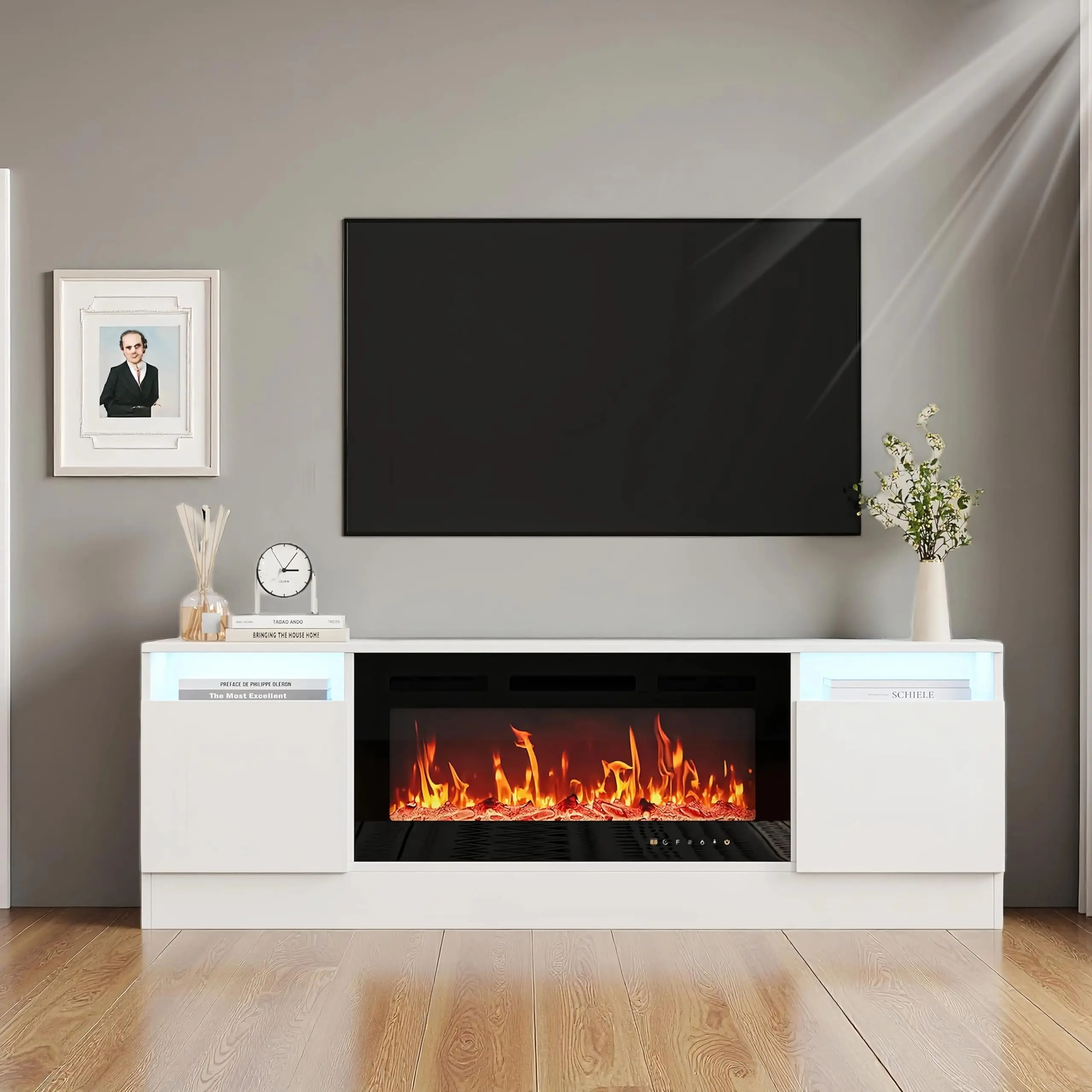 Modern TV Stand for Up to 75" TVs,70" Gray Console Table with Storage, Wooden Entertainment Center for Living Room,Fits 36" Electric Fireplace,White