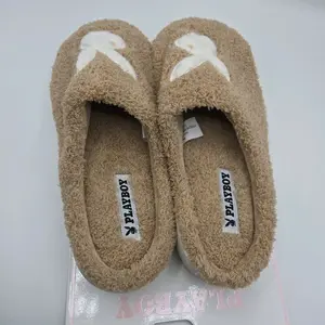 Playboy Women's Slippers, Terry fabric, Faux Fur logo, Memory foam indoor/outdoor. Color light brown and white.