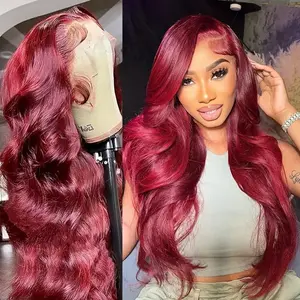 13x4 Lace Front Wig with 200% Density Water Ripple High-Definition Transparent Forehead Non-Adhesive Wig for Women European American Fashion Wine Red Long Curly Hair Full Head Cover