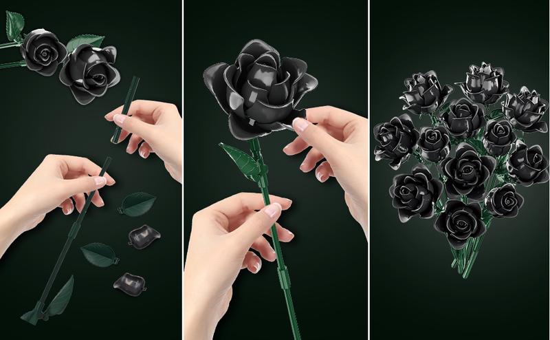 585PCS Black Roses Bouquet Building Set Valentine's Day gifts Contains 12 black roses Gothic Style Artificial Flower Blocks Kit Compatible with Lego for Adults , DIY Home Decor Gift vdaygift