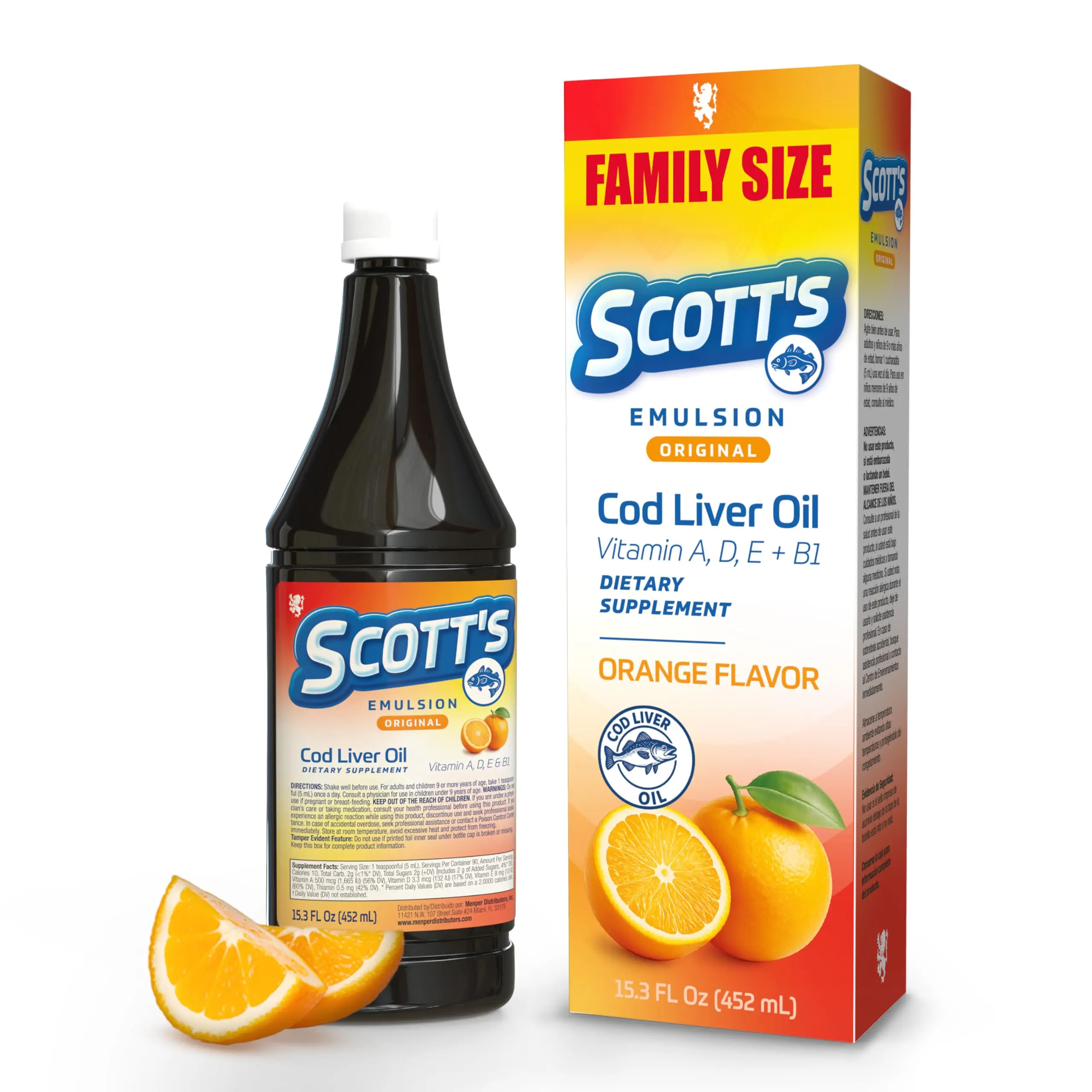 Scott's Emulsion Cod Liver Oil Liquid for Kids & Adults – Multivitamin Orange Flavor Omega 3 & Vitamins A+D Support  immune health, Eye, Brain