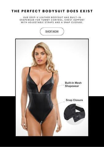 Popilush Elastic Deep V-Neck Leather Shapewear Thong Bodysuit  Adjustable Soft Breathable Fabric