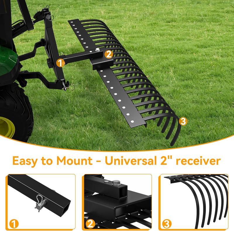 YITAMOTOR 48" / 60" Tow Behind Landscape Rake, 2" Receiver Lown Dethatcher Rack with 17 / 21 Steel Tines for ATV/UTV & 3-Point Hitch Systems Tractor, for Leaves, Debris, Grass, Pine Needles  Garden Manuallawnmower