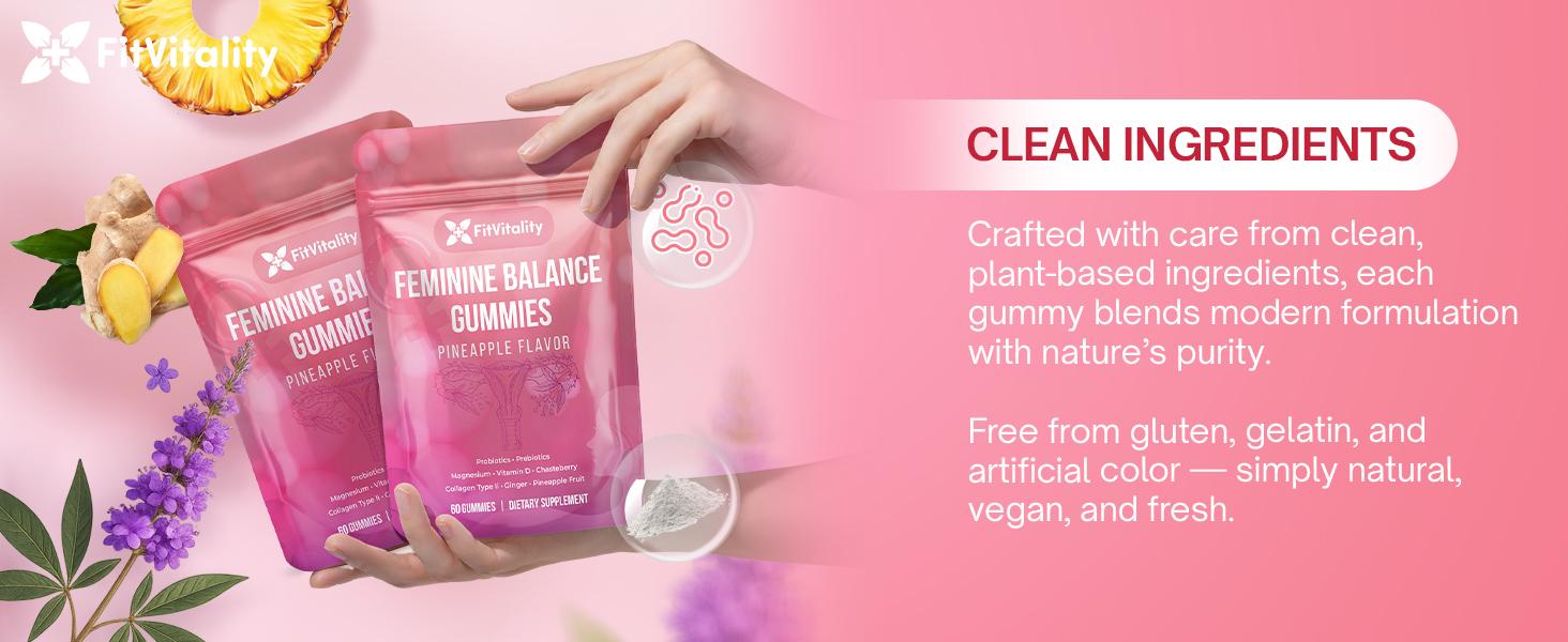 Premium 60 Feminine Balance Gummies – Vaginal Probiotics & Support Digestive Health – Probiotics, Collagen Type II, Chasteberry, Vitamin D & Magnesium – Gluten-Free, Natural Pineapple Flavor, Vegan