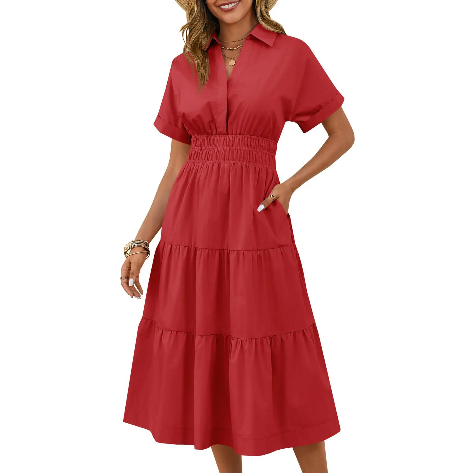 knee length dresses for ladies Blue Floral Short Sleeve Midi Dress - Casual Dresses