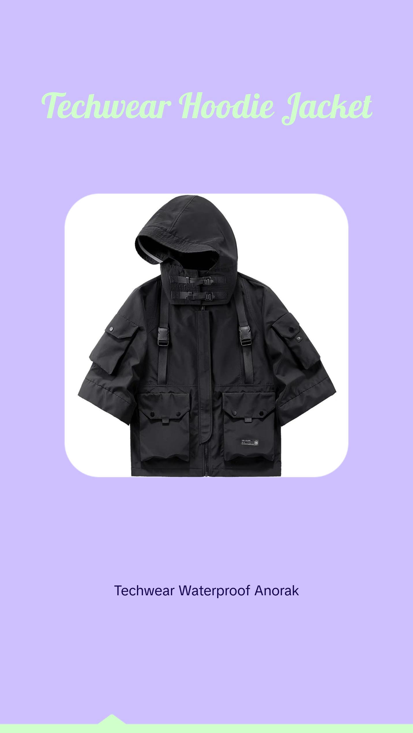 Ibj169 Niepce Black Techwear Fashion Short Sleeves Jacket with Hoodie