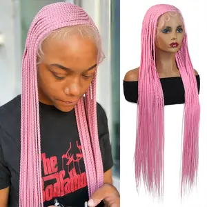 Side Part Braided Wig 36Inch Synthetic Full Lace Wig Colored Pink Braided Lace Wig Cosplay Long Braid Wig For Women