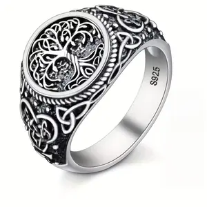 【HXS】925 Sterling Silver Tree of Life Ring Celtic Knot Norse Viking Signet Ring for Men Women