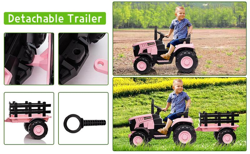 【GARVEE】12V Remote Control Tractor for Kids with 7 LED Lights, Safety Belt, Dual 35W Motors, Trailer, Horn, Music, USB Connectivity, Available in Blue, Green, Red, and Pink