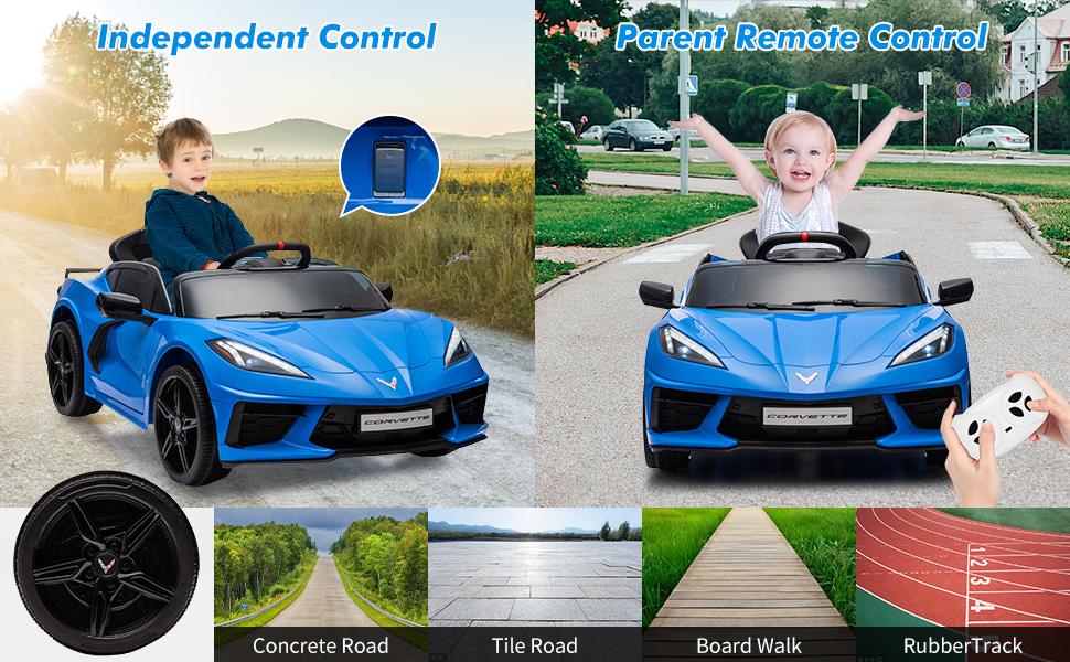 【GARVEE】Ride On Sports Car 12V Battery Powered Electric Car for Toddlers with Licensed Corvette Design, Remote Control, Visual Dashboard, Music, LED Lights, and Gift-Ready Dark Blue Model