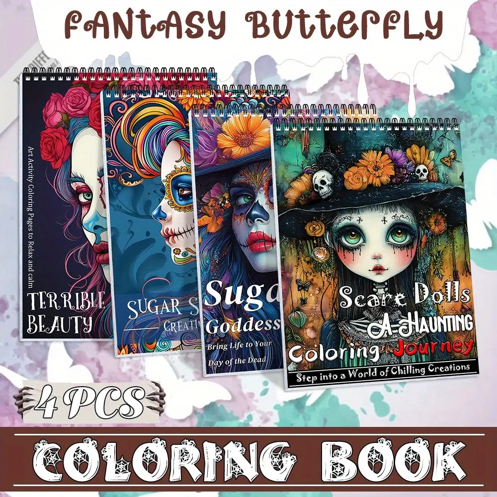 4pcs Adult Coloring Books, Art Supplies - Unique Themes Featuring Sugar Skull Women - A4 Spiral Bound - Thick Paper Watercolor Painting - Beginner-Friendly Therapeutic Artwork for Mindfulness & Relaxation - Ideal Gift for Leisure Activities