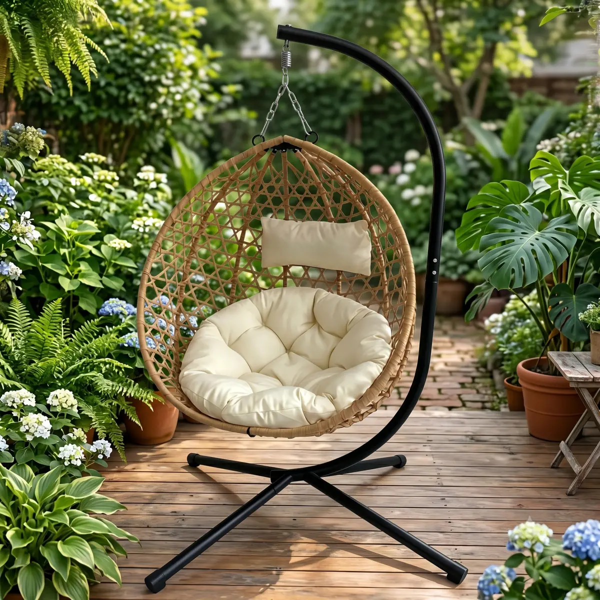 [Bellemave] Foldable Hanging Egg Chair with Stand, HDPE Rattan Wicker Swing Chair with Cushion, Heavy Duty Frame 350 Lbs Capacity, Outdoor Patio Indoor Bedroom Balcony