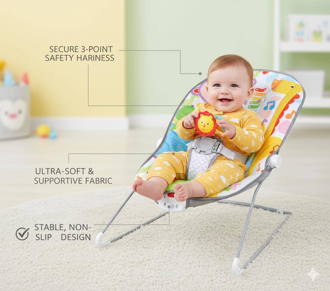 Baby Bouncer Soothing Vibrations Infant Seat - Removable Toy Bar, Nonslip Feet, 0-6 Months, Multi-Position Recline, Soft Padded Seat, Colorful Animal Patterns