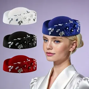 Elegant women's headpiece with floral rhinestones, soft beret, vintage felt hat, flight attendant hat, lace beret, suitable for parties, tea parties, banquets, special occasions, holiday gifts, or as a gift for your girlfriend.