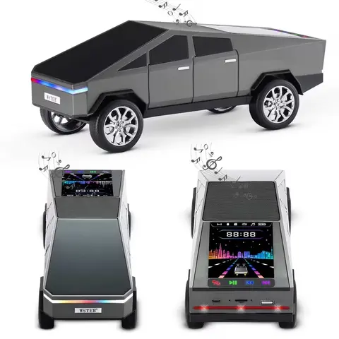 Openable Cybertruck Mini Bluetooth Speaker - Compact ABS Plastic Gadget with Full Range Audio, Rear LED Light, AUX, USB, USB-C, TF, FM, Memory Support, Rechargeable Battery, Handsfree Calls, 20kHz, Charging, Lightweight Portable for Smartphone, Car Use