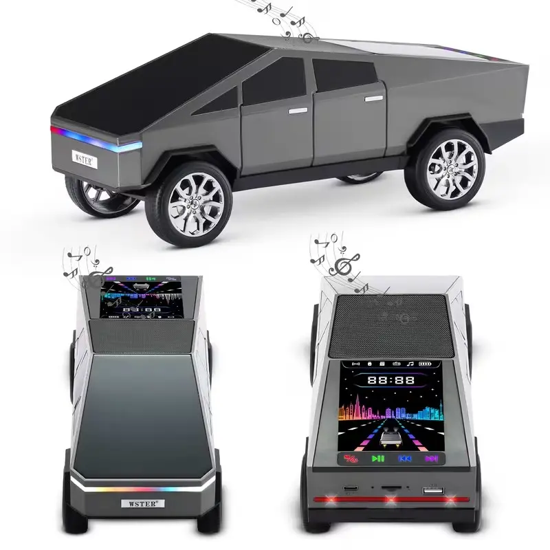 Mini Car Bluetooth Speaker with Rear Light & Openable Cybertruck – Portable Wireless Stereo Sound, LED AUX USB TF FM, Compact Rechargeable Design for Home, Office, Travel & Car Décor