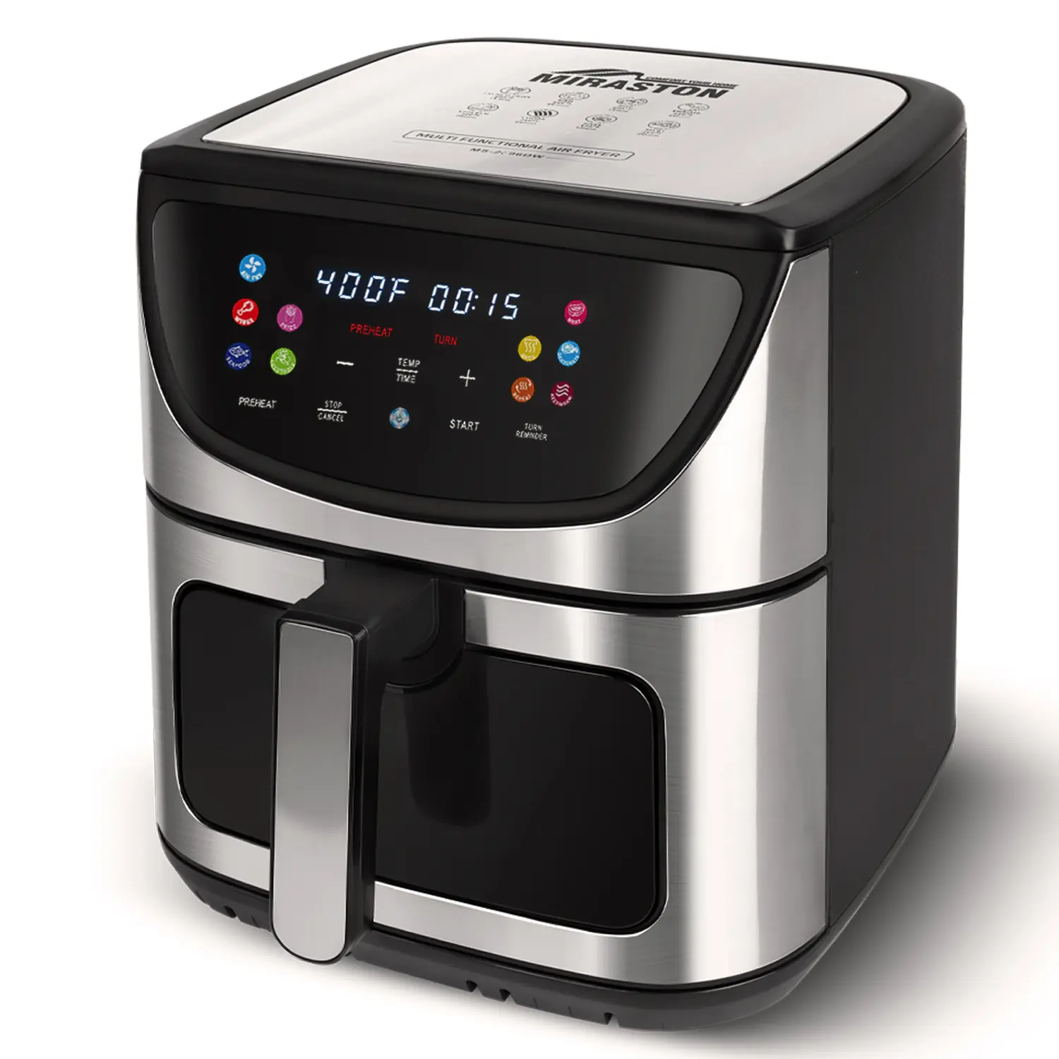 MIRASTON 8.5QT Large Capacity Air Fryer with Color Tilt-Screen, Better Viewing Angles, 10 Smart Presets, Visible Cooking Window, Stainless Steel, 1500W