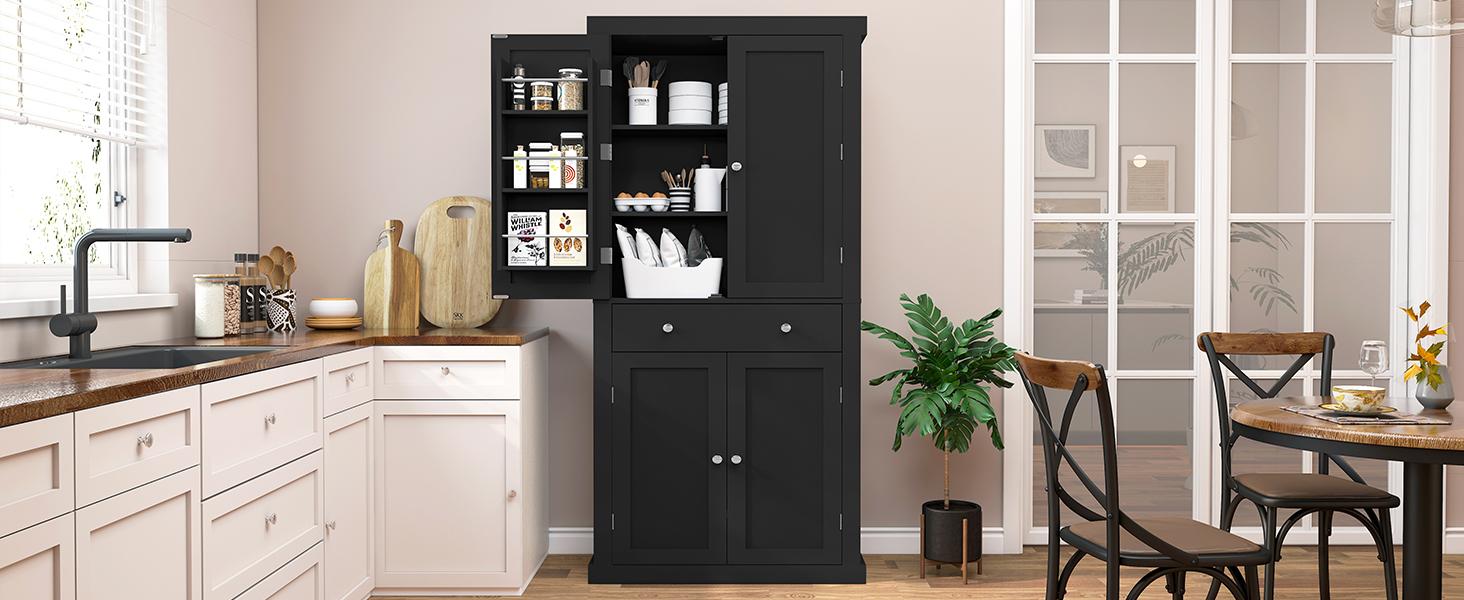 Fabiula 72 Tall Kitchen Pantry Cabinet with 4 Doors & Drawer Adjustable Shelves White Farmhouse Freestanding Design for Dining Room Living Room Storage