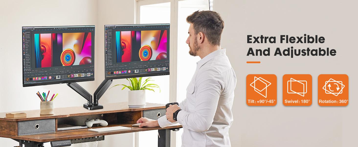 Monitor Stand - Adjustable Desk Mount Arm for 15 - 27  Inch Monitors, Supports up to 17.6lbs, Heavy Duty Screen Mount with Gas Spring, Clamp & Grommet Base, VESA Bracket 75/100 Compatible