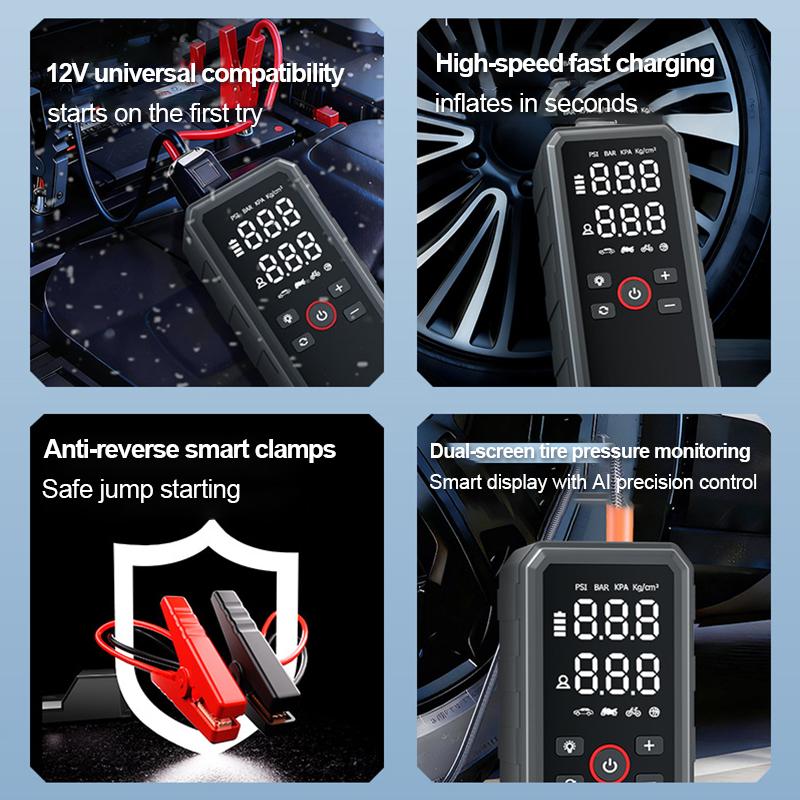 Portable Car Jump Starter with 6000mAh Power Bank, Cordless High Pressure Air Compressor - USB C Rechargeable, 3 Modes LED Light, Quick Inflation for Car Motorcycle, Emergency Tool for Home Road Trip