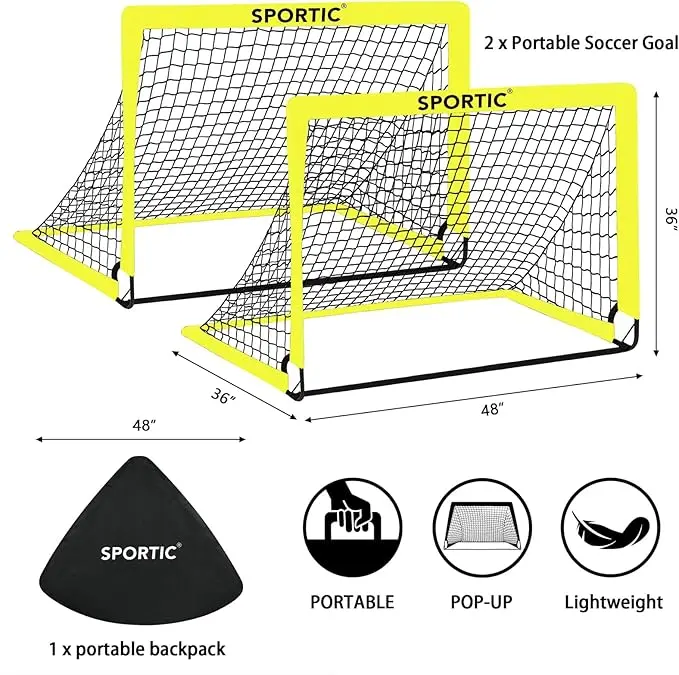 SPORTIC 2-Pack 4x3ft Pop-Up Soccer Goals for Kids Youth Training Portable Net Set with Carry Bag & Stakes Quick Setup for Indoor Outdoor Use