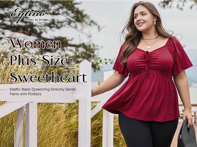 Eytino Women Plus Size Sweetheart Neck Short Sleeve Shirred Peplum Blouse Tops Shirts(1X-5X) Eytino Women Plus Size Sweetheart Neck Short Sleeve Shirred Peplum Blouse Tops Shirts(1X-5X)