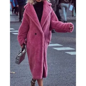 Women's Trendy Teddy Bear Coat for Women Long Faux Fur Lapel Warm Winter Outerwear with Pockets Cozy Snug Chic Essential for Daily Outdoor Errands Coffee Dates Weekend Street Style Cold Days