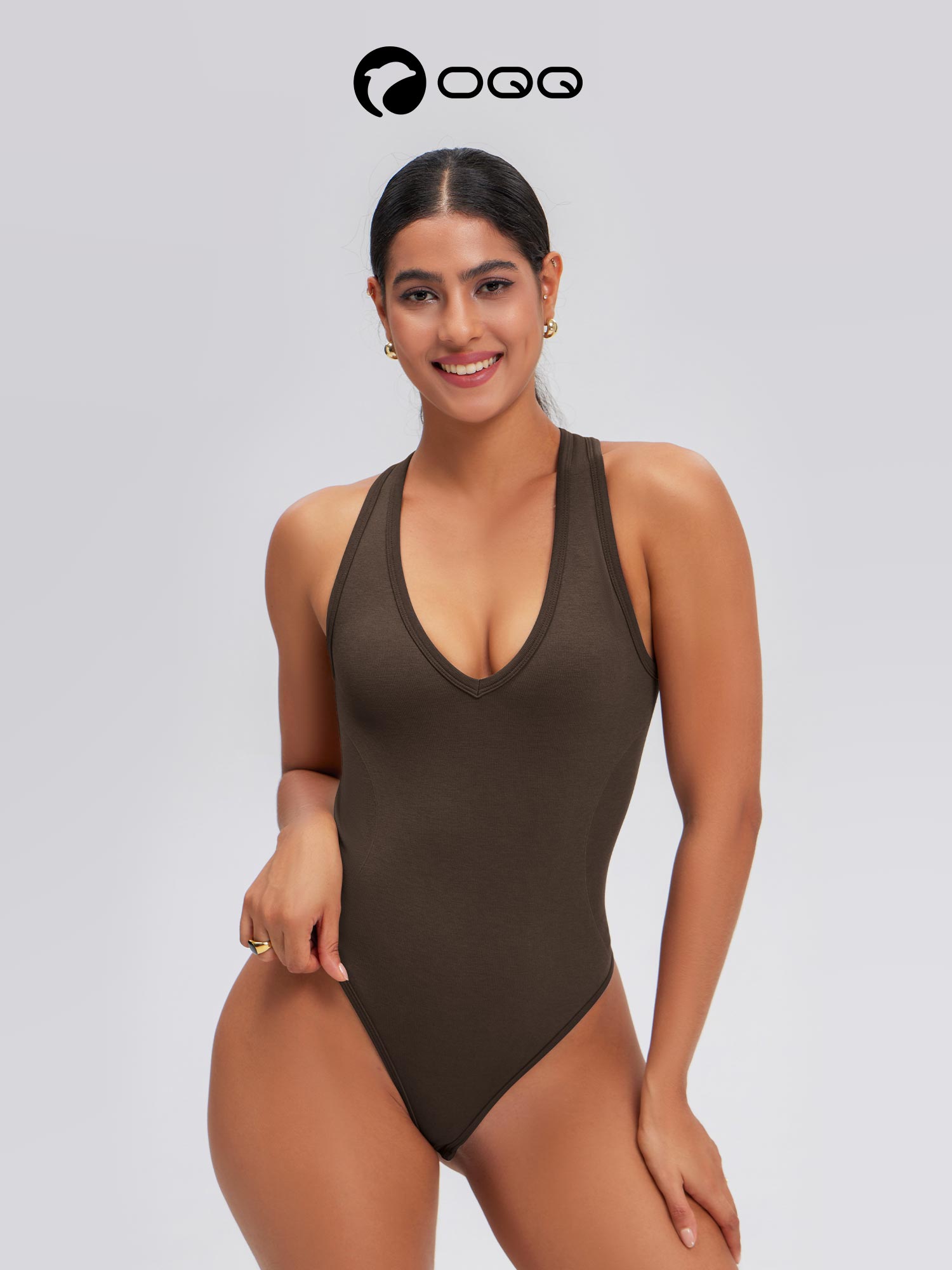 OQQfitness Women Solid Backless Racerback Tank Bodysuit Cross-Strap Sleeveless Top Deep V Neck All Seasons, Cute Tops SpringStatements