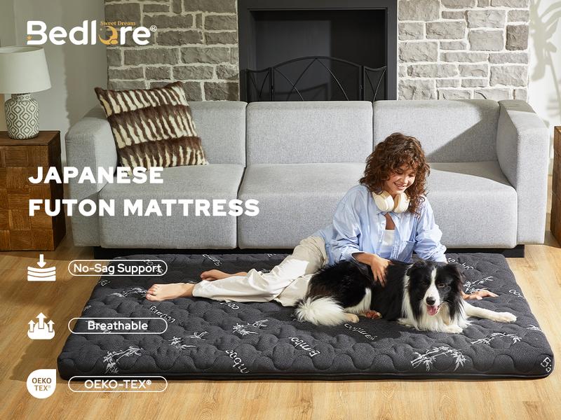 [Valentine’s Day]【BEDLORE】Japanese Floor Futon Mattress Twin Size, Viscose Derived from Bamboo, 3" Thick Tatami Mat with High-Density Foam, Foldable & Portable Roll-Up Sleeping Pad, Ideal for Guest Room & Home Use