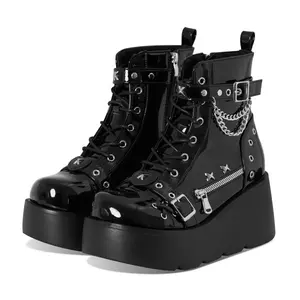 Women's Platform Gothic Ankle Booties Coolest With Adjust Studded Metal Buckle Fashion Y2k Zip Lace Up Wedge Thick Sole Punk Motorcycle Combat Short Boots