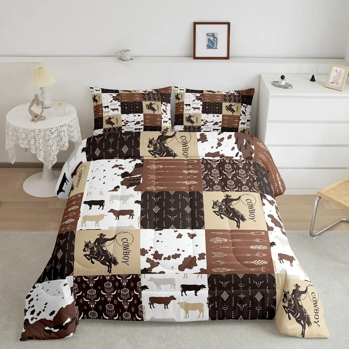Wild West Cow Comforter Set Western Decor Comforter Rodeo Cow Horse Bedding Set Bedroom Decor Cowhide Duvet Set Farmhouse Quilt Set