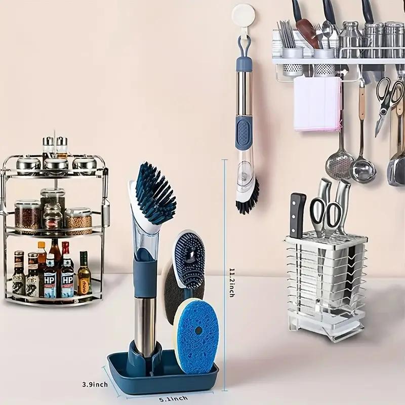 Kitchen Dish Brush with Soap Dispenser Set - 4 Replaceable Cleaning Heads Ergonomic Handle Scrub Brush for Dishes Pans Sink Household Cleaning Tools