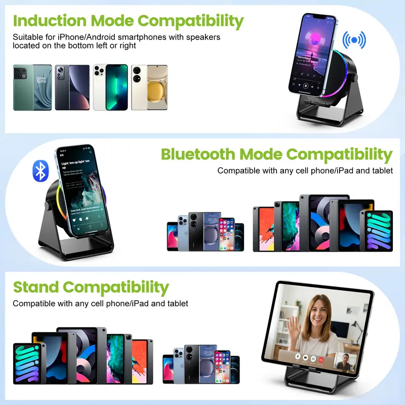 Dohelly 5-in-1 Wireless Induction Sensor Stereo Speaker System - 360° Rotatable Stand with LED, Sound Machine, Universal Charger for Smartphones, Audios, Surround Sound, Portable Home & Travel Gadget Dohelly 5-in-1 Wireless Induction Sensor Stereo Speaker System - 360° Rotatable Stand with LED, Sound Machine, Universal Charger for Smartphones, Audios, Surround Sound, Portable Home & Travel Gadget