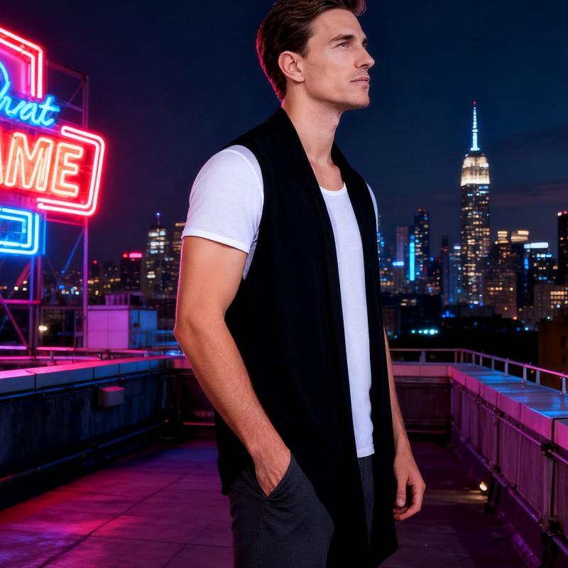 Men's Ruffle Shawl Collar Sleeveless Cardigan - Lightweight, Silky Fabric, Casual Kimono Vest for Stylish Layering Men's Ruffle Shawl Collar Sleeveless Cardigan - Lightweight, Silky Fabric, Casual Kimono Vest for Stylish Layering