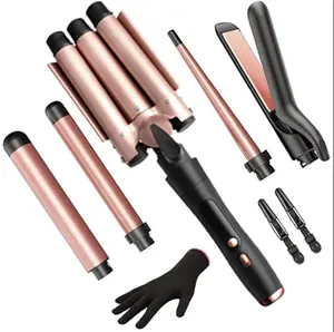 5-in-1 Curling Iron Set, Curling Wand with 3 Barrel Hair Crimper Iron and Interchangeable 3 Curling Irons, Dual Voltage Hair Waver with 2-LED Temp Control for All Hair Types, Glove & 2 Clips
