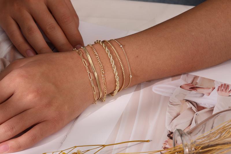 Tewiky 14K Gold Plated Copper Bracelets for Women Waterproof, Jewelry Sets for Women Trendy Thin Dainty Stackable Cuban Link Paperclip Chain Bracelet Pack Fashion Accessories Gifts for Womens For Valentine's Day gifts