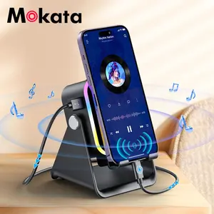 Mokata 5-in-1 Wireless Induction Audio Speaker Stand, 360° Adjustable Cellphone Tablet Holder, 3500mAh Power Bank, RGB Ambient Light, Bluetooth & Induction Speaker for Home & Travel