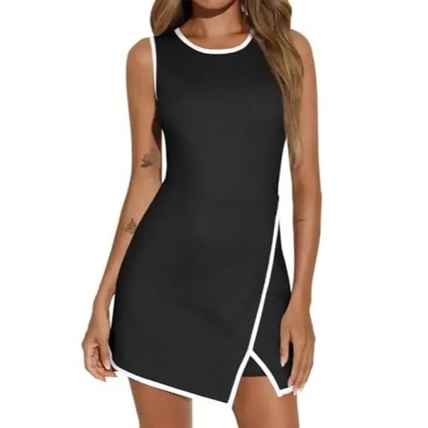 FISOEW Women's Blush Pink Crew Neck Sleeveless Athletic Dress with Built-in Bra, Shorts Pockets, Soft Breathable Fabric - Golf Activewear, Mini Silhouette, Sporty Look, Machine Washable, Easy Care, Zip Closure Makes Dressing Simple, Zipper, Full Coverage,