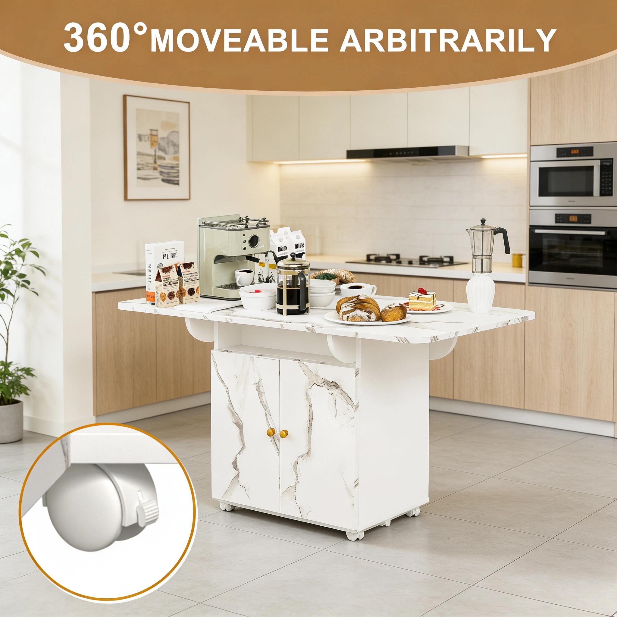47" Folding Table with Wheels & Storage | Multi-Function Kitchen Island, Dining Table, Desk, Coffee Table & Entryway Console | Space Saving Foldable Table with Marble Top, 6 Casters & Cabinet for Small Spaces, Apartments & Home Office