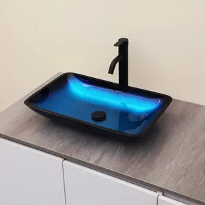 Kichae 22 Inch Glass Bathroom Vessel Sink Vanity Countertop with Black Pop-Up Drain, Blue Glass Art Sink Basin