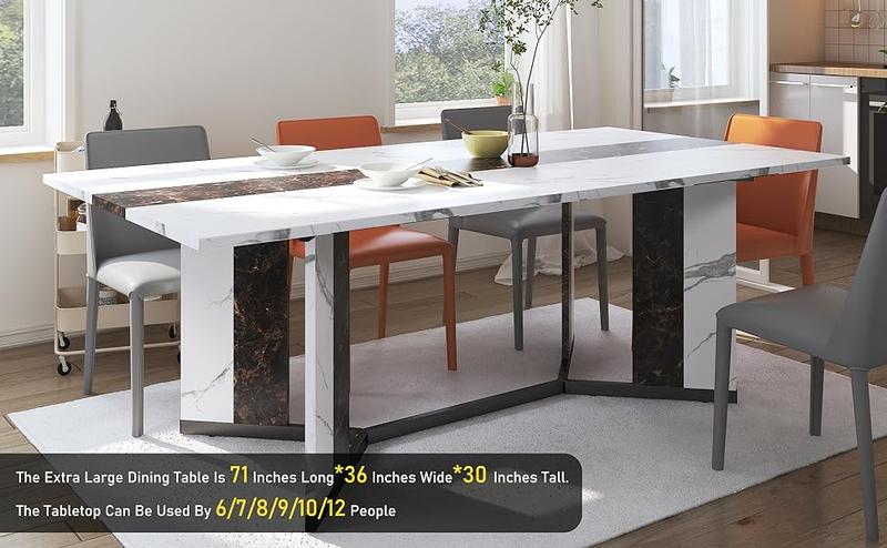 71" Large Luxurious Rectangular White Dining Table for 6 8 10 People with Marble-Color Wood Tabletop, Metal Adjustable Leg. Modern 6ft Family Dinner Table for Rustic Office Kitchen Living Room