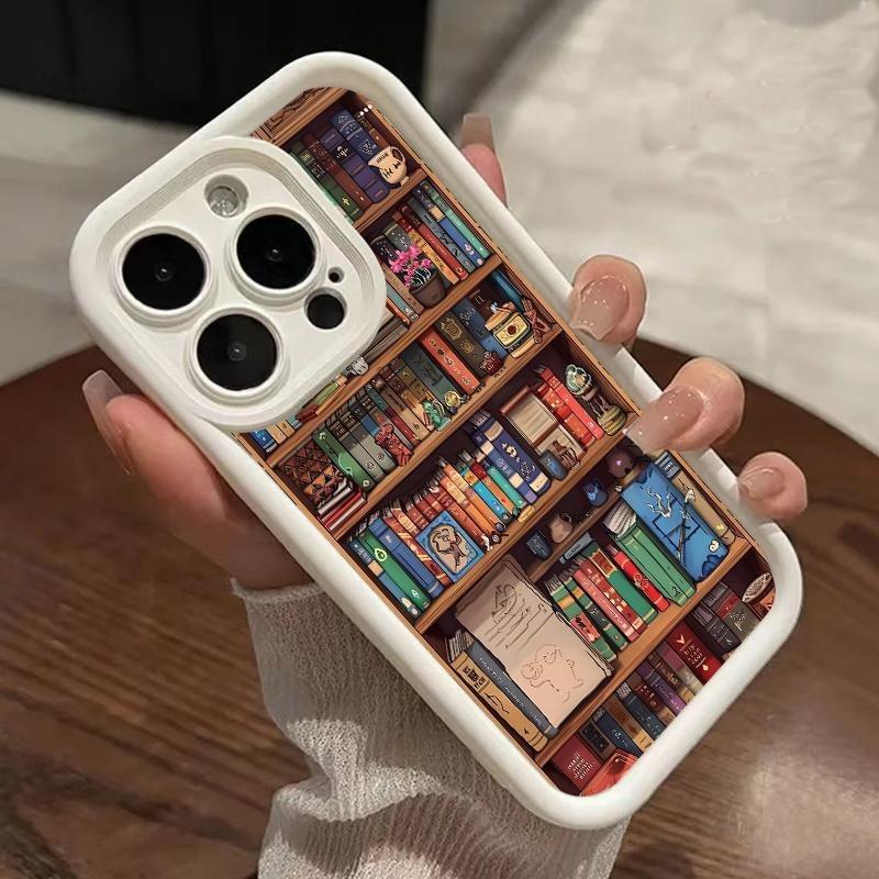 Cartoon Bookshelf Pattern TPU Phone Case for iPhone 16 15 14 Pro Max 13 12 Shockproof Non Slip Military-Grade Protective Silicone Cover