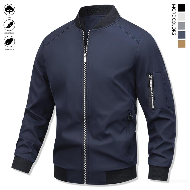 Men's casual spring-autumn lightweight windbreaker with zipper and multiple pockets, classic pilot jacket, using warm fabric, soft and comfortable, solid color collar, suitable for dates, running parties, gatherings, work and daily wear.