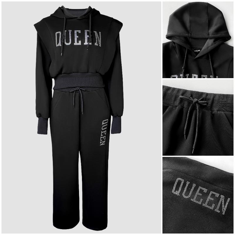 ChicMe 2 Pieces Outfit 3D Design Crop Drawstring Hoodie Top and Drawstring Elastic Waist Wide Leg Sweatpants Set Casual Rhinestone Letter Pattern Sweatshirt Set