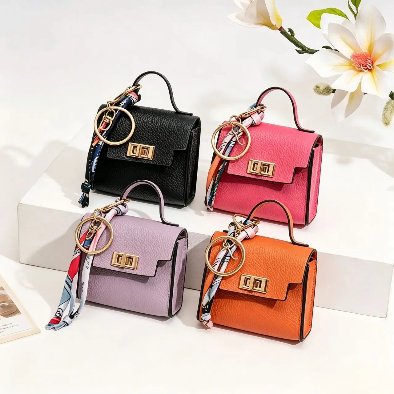 Mini Square PU Leather Bag Pendant Keychain - 2-2.9 in, Colorful Buckle Strap, Keychain for Purse, Cute Anniversary Car Accessory & Bag Charm, Bag Charms For Purse
