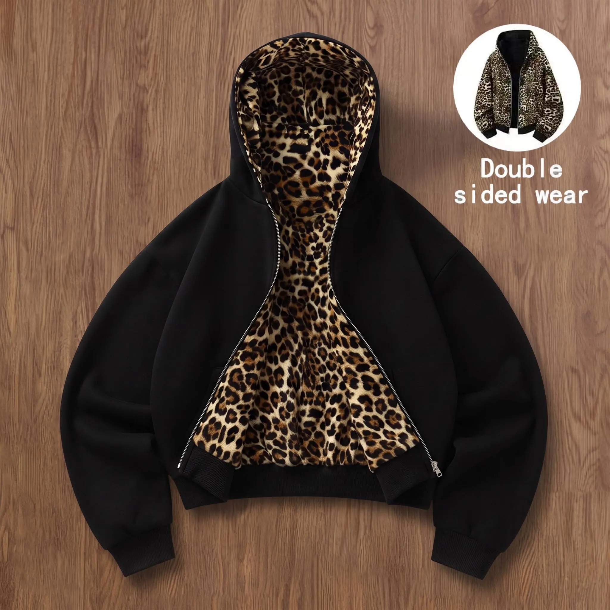 Men’s/women’s cotton blend zip-up hoodie, solid outer layer with leopard print lining that can be flipped for wear, loose long sleeves, street casual style with pockets