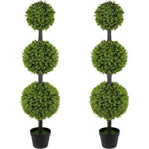 2 Pack Artificial Topiary Ball Tree 4FT, Set of 2 Faux Triple Balls Tree in Pot Shrubs Plants for Outdoor Front Door Porch Plant Outdoor