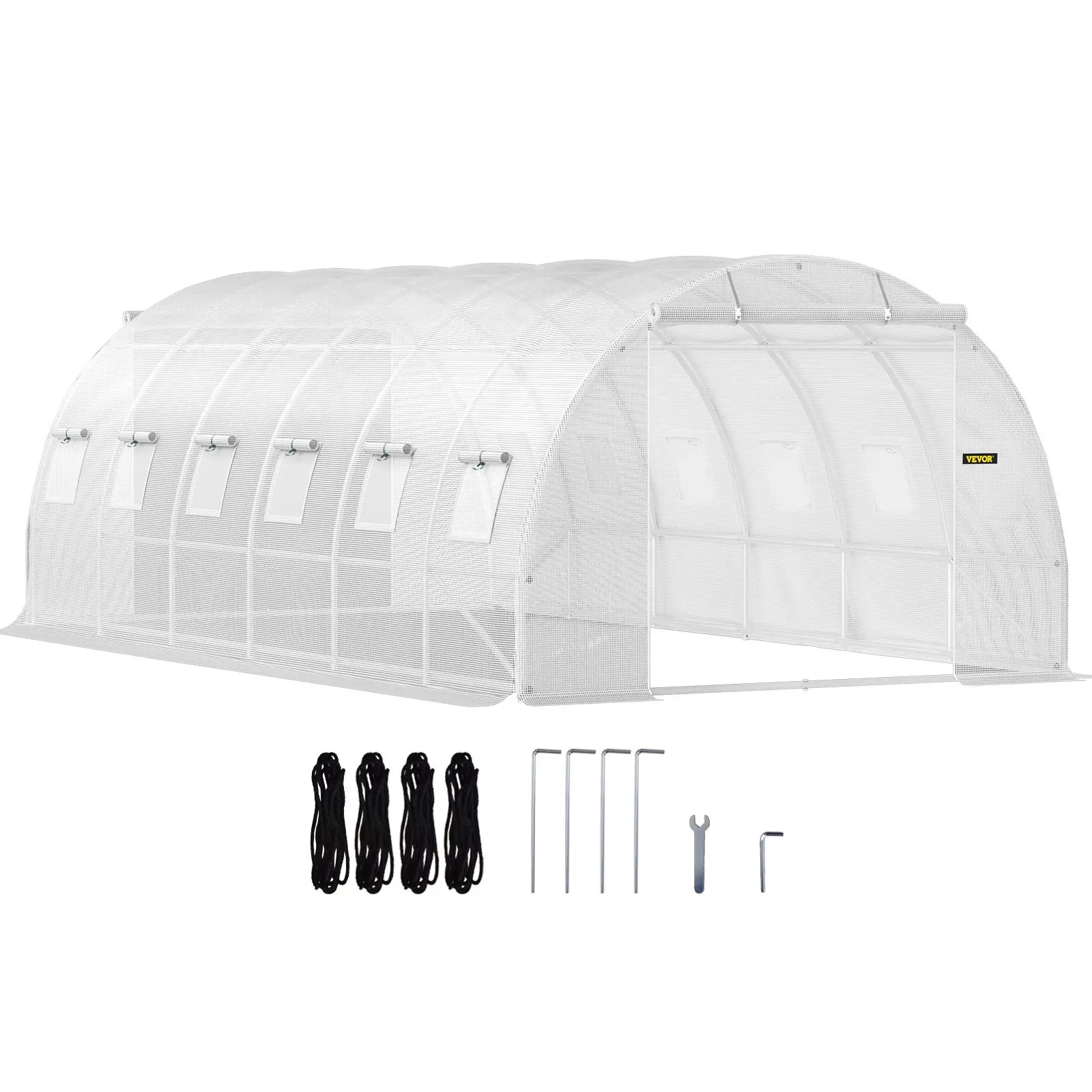 VEVOR Outdoor 20x10x7 ft Walk-in Tunnel Greenhouse, Portable Metal Plant Hot House with Galvanized Steel Hoops, 3 Top Beams, Diagonal Poles, 2 Zippered Roll-up Doors, 12 Mesh Roll-up Windows, White, All Tools Included, 20X10x7ft