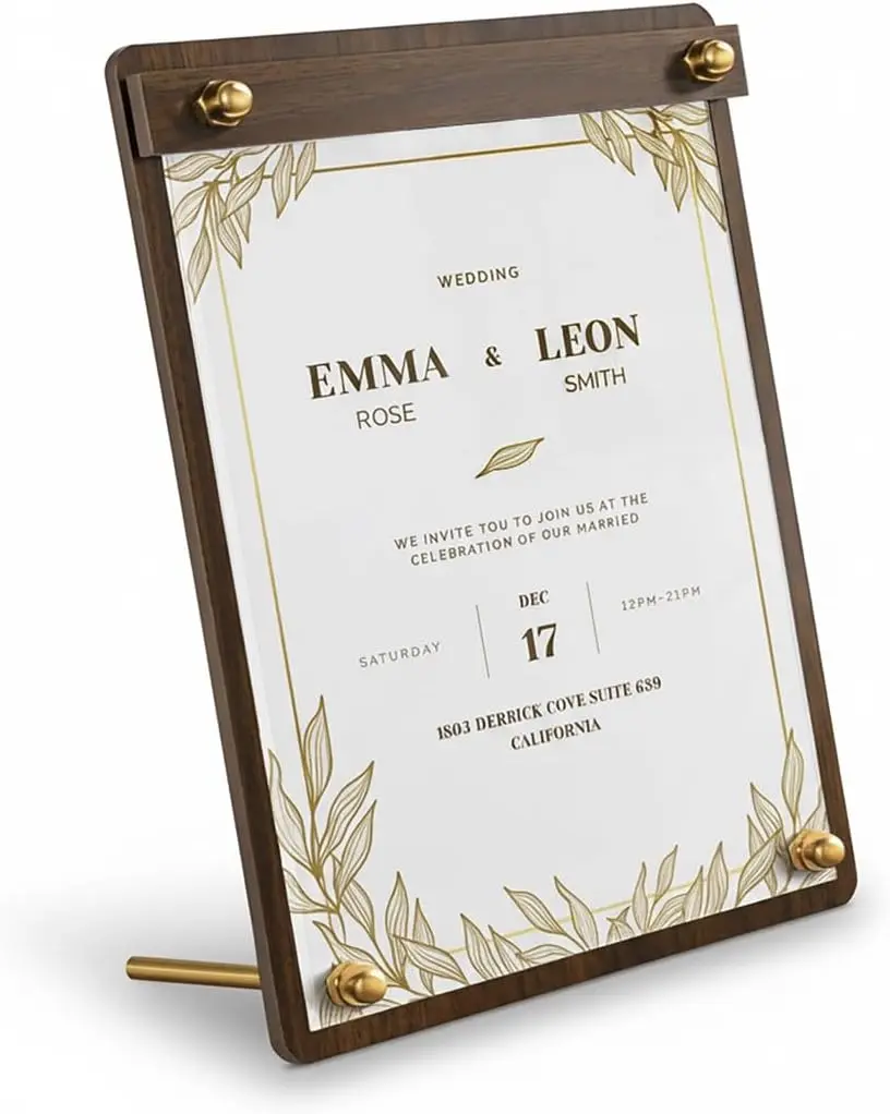 Walnut Finish Acrylic Sign Holder with Metal Stand | 7.7" x 5.7" Tabletop Display for QR & NFC Sticker, Menus, Ads